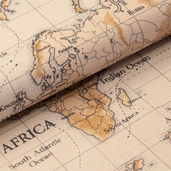 Canvas Baumwolle "Maps/Weltkarte" (beige-hellbraun) von Fryett's Fabrics