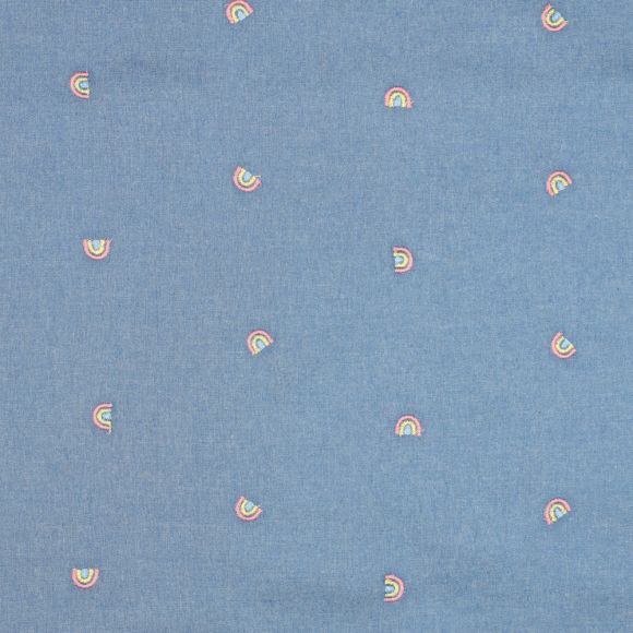 Tissu jean - chambray en coton brodé "Denim arc-en-ciel" (bleu jean-jaune/rose)