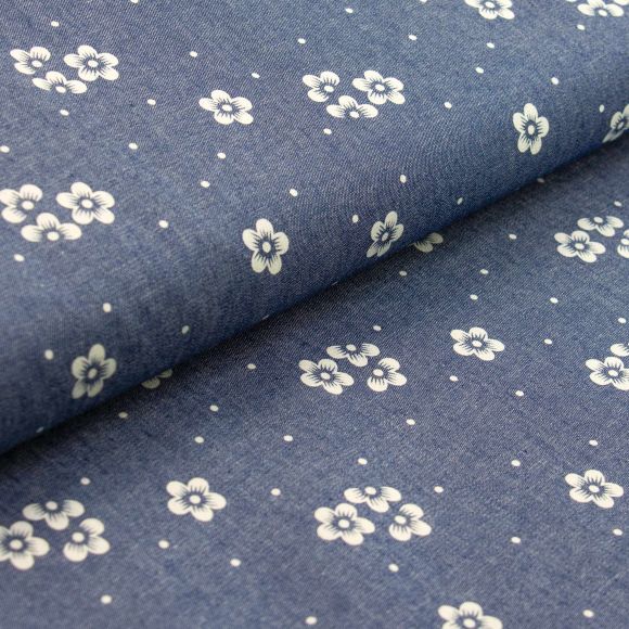 Tissu jean chambray en coton "Fleurs/Pois" (bleu-blanc)