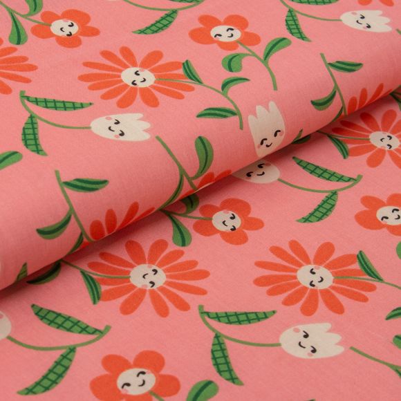 Baumwolle "Friendly Flowers" (flamingo rosa-koralle/grün)
