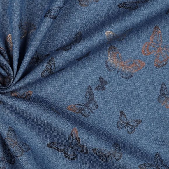 Tissu jean - chambray en coton "Papillons/Foil" (bleu denim-noir/brun/doré)