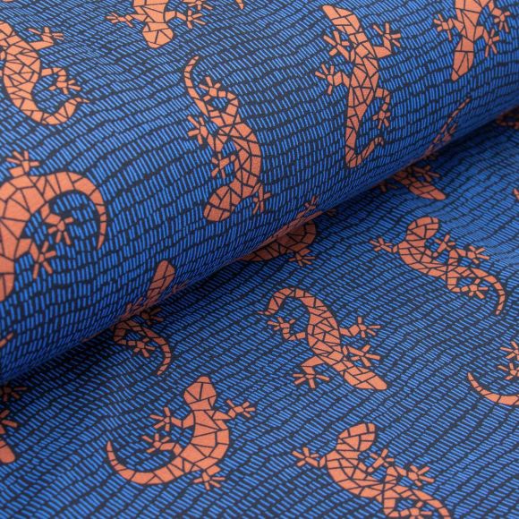 French terry en coton/modal "Gecko/Lizzards by käselotti" (bleu-rouille orangé/noir) de SWAFING