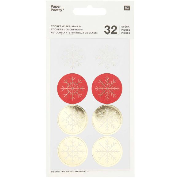 Autocollants/stickers "Flocons de neige", 32 pièces Ø 30 mm(blanc/rouge/doré) de RICO DESIGN