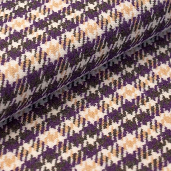 Tissu pour manteaux en laine mélangée "Pied-de-poule" (offwhite-brun noir/violet)
