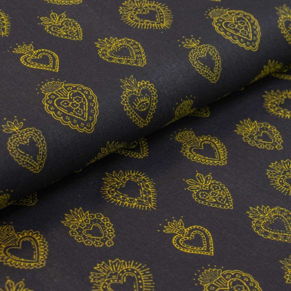 Tissu en coton "Corazon/Cœur" (noir-jaune)