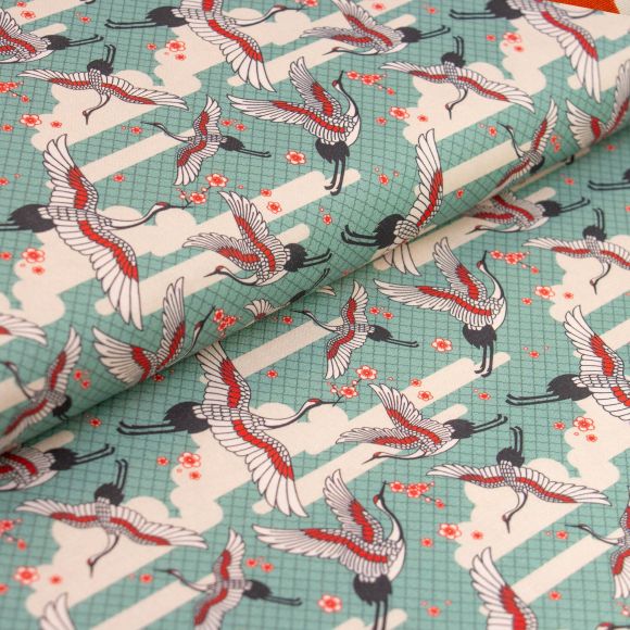 Coton "Kimonos & Koi/Cranes" (vieux menthe-rouge/gris) de Paintbrush Studio Fabrics