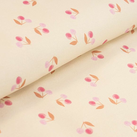 1 m Coupon // Canvas Baumwolle "Pastell Cherries / Kirschen" (ecru-rosa/braun)