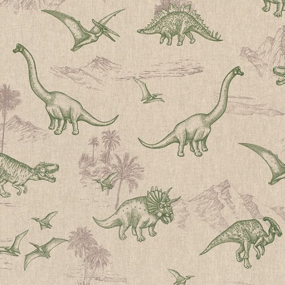 Canevas de coton "Aspect lin - Dinosaures" (nature-gris/vert)