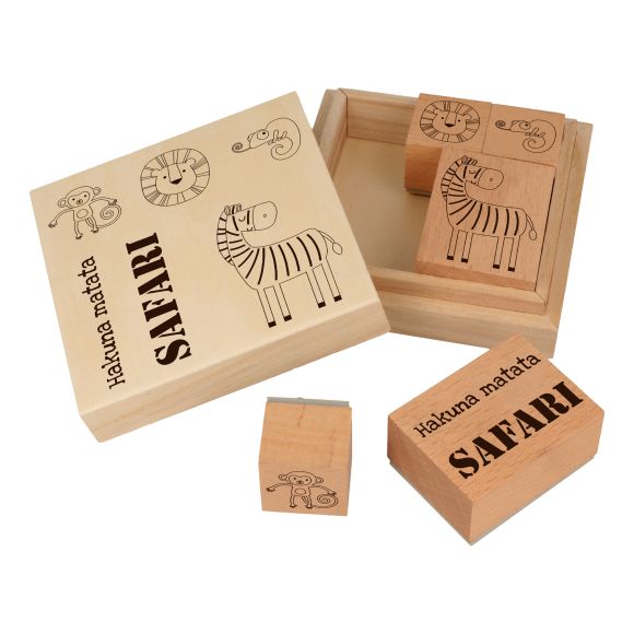 Lot de 5 timbres en bois "Safari - Hakuna Matata" (nature)