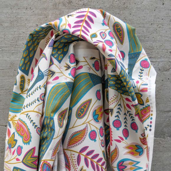 Canevas de coton “Peacock/paon” (offwhite-multicolore) de Fryett’s Fabrics
