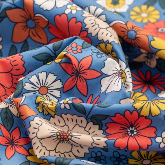 Coton de popeline "Fleurs maxi" (bleu-multicolore)