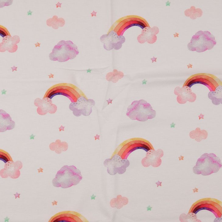 Jersey Baumwolle "Regenbogen & Wolken" (weiss-rosa/lila)